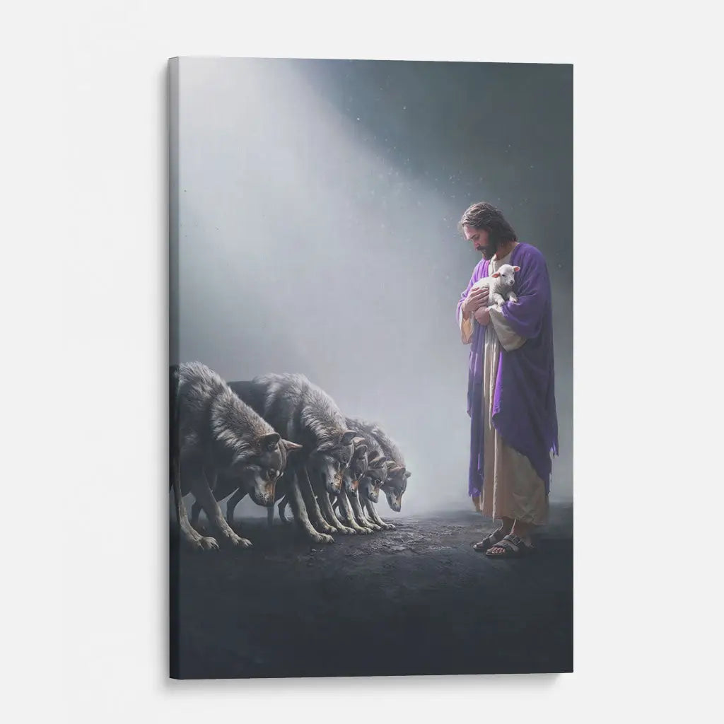 Jesus Holds a Lamb as Wolves Bow Down - Christian Wall Art Canvas