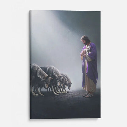 Jesus Holds a Lamb as Wolves Bow Down - Christian Wall Art Canvas