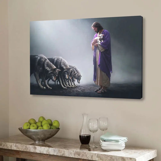 Jesus Holds a Lamb as Wolves Bow Down - Christian Wall Art Canvas