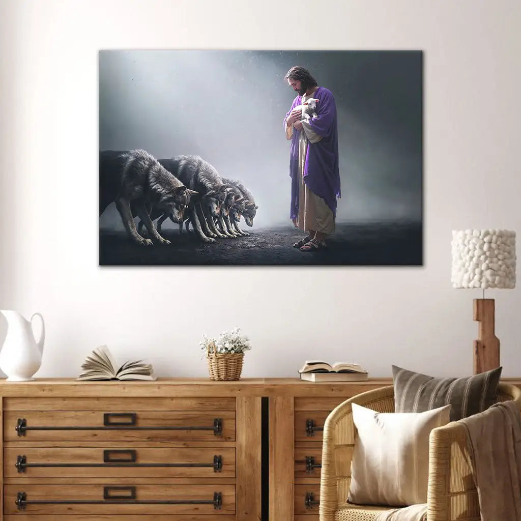 Jesus Holds a Lamb as Wolves Bow Down - Christian Wall Art Canvas