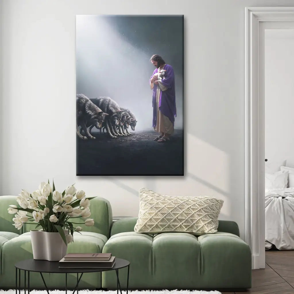Jesus Holds a Lamb as Wolves Bow Down - Christian Wall Art Canvas