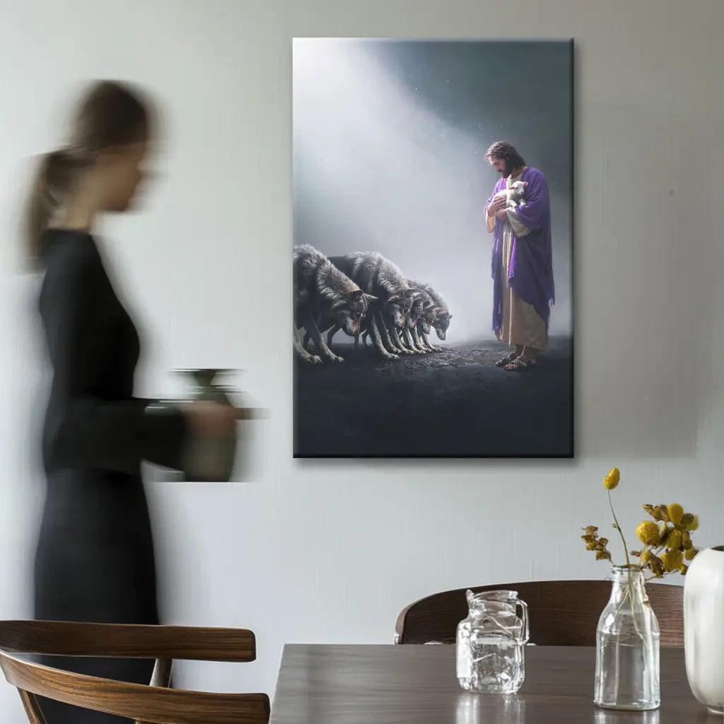 Jesus Holds a Lamb as Wolves Bow Down - Christian Wall Art Canvas