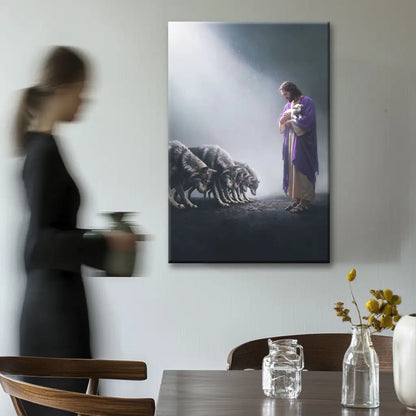 Jesus Holds a Lamb as Wolves Bow Down - Christian Wall Art Canvas