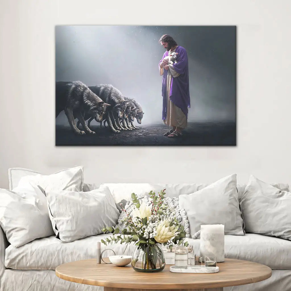 Jesus Holds a Lamb as Wolves Bow Down - Christian Wall Art Canvas