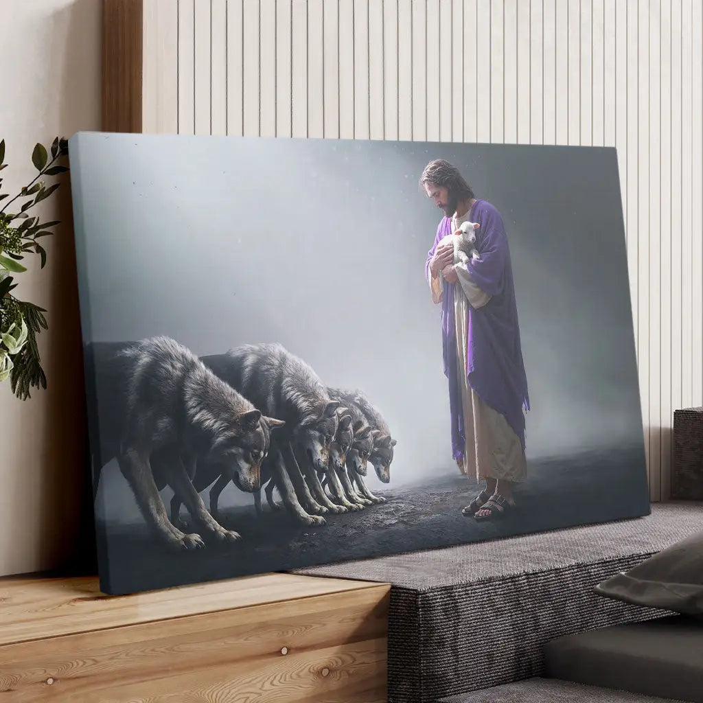 Jesus Holds a Lamb as Wolves Bow Down - Christian Wall Art Canvas