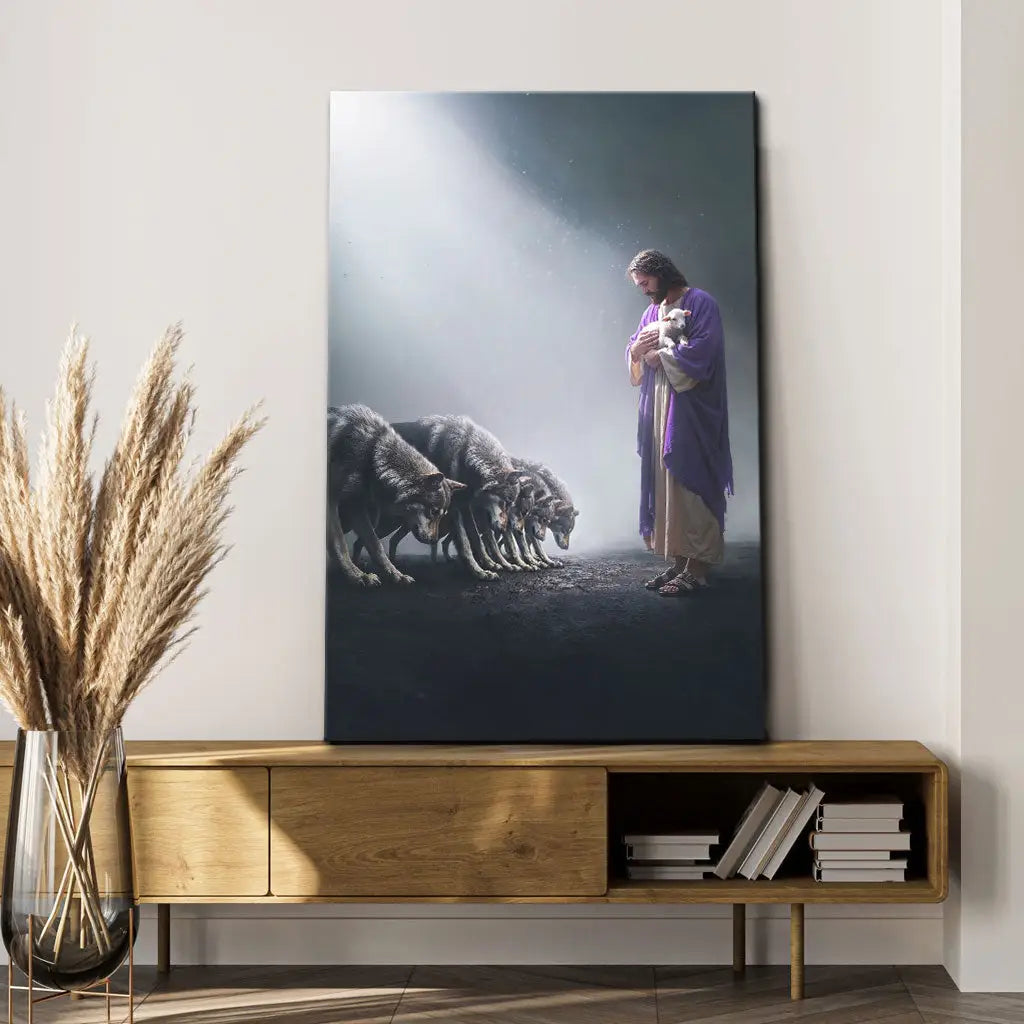 Jesus Holds a Lamb as Wolves Bow Down - Christian Wall Art Canvas